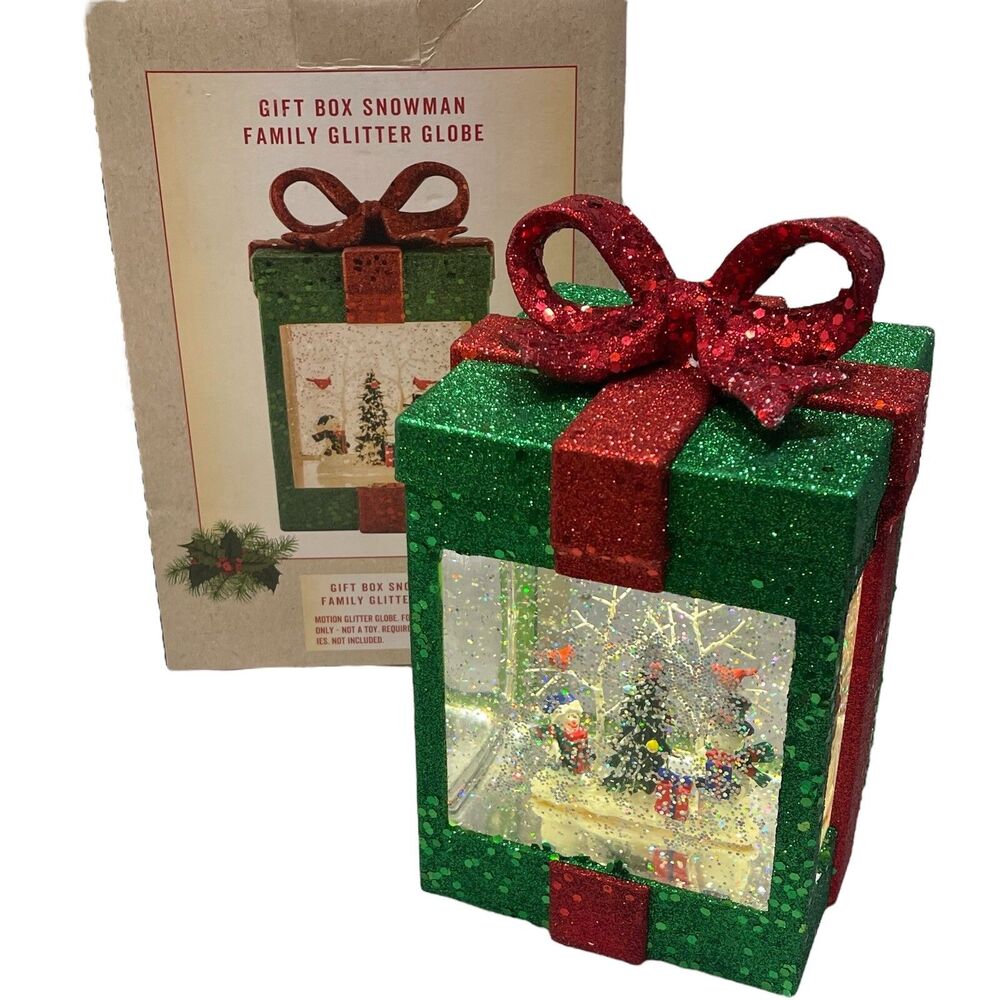 Cracker Barrel Gift Box Snowman Family Glitter Globe Snow Acrylic Battery Light
